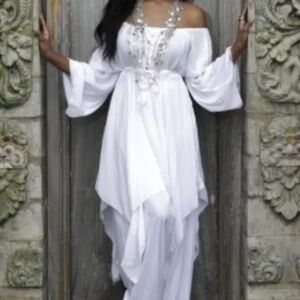 Lotus Traders Clothing White Boho Peasant Renaissance Long Sleeve Dress
